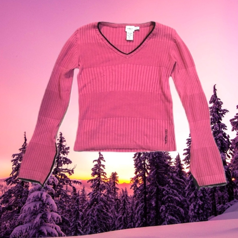 Calvin Klein Pink V-Neck vintage Ribbed Sweater with flare sleeves 100% cotton